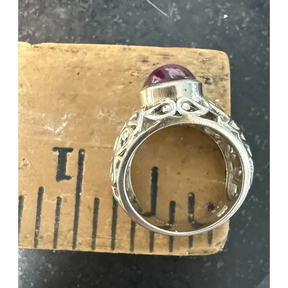 Vintage KNR 925 Sterling Silver India Red Cabochon Gemstone Ring Size 5